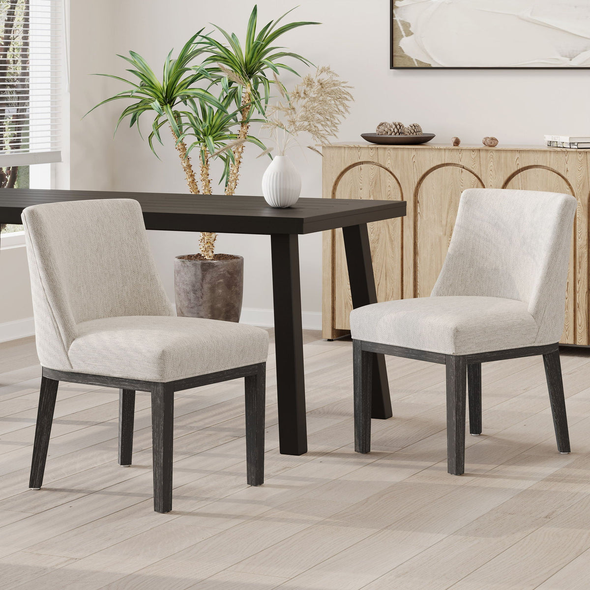 Modern Dining Chair Set by HouseOfZazla, beige fabric upholstery, black wooden legs, set of 2 on Tampa Home & Garden Store