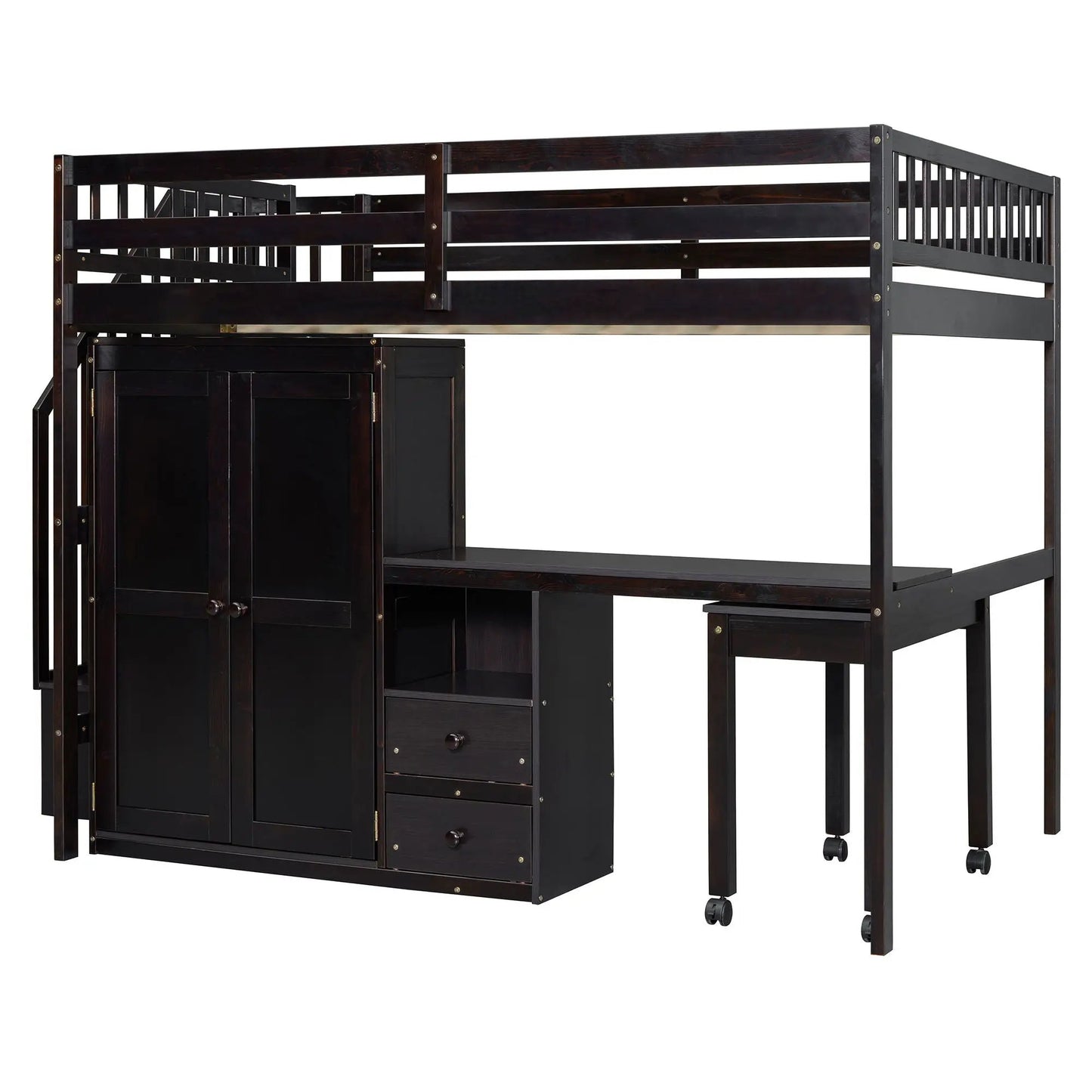 Loft bed with stairs and integrated wardrobe, drawers, desk in dark wood finish on Tampa Home & Garden Store