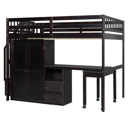Loft bed with stairs and integrated wardrobe, drawers, desk in dark wood finish on Tampa Home & Garden Store