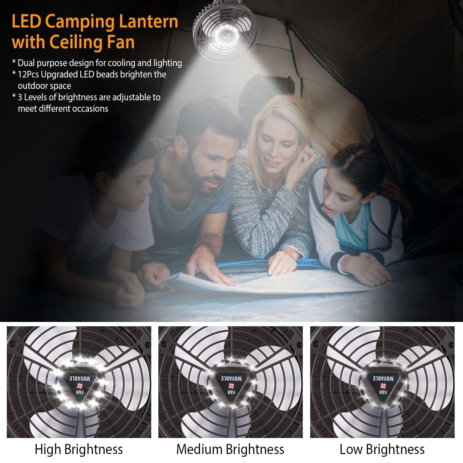 GemGear 10400mAh camping fan with LED light tent lantern, oscillating tripod/table, 3 brightness levels on Tampa Home & Garden Store