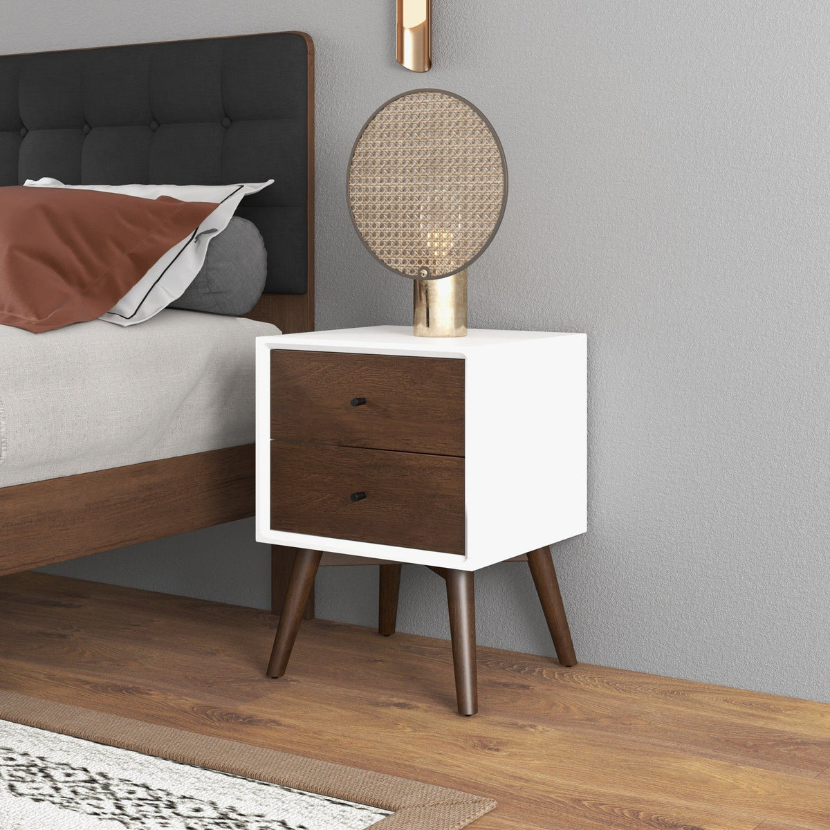 Mid-Century Modern night stand 2-drawer white frame with dark brown fronts by HouseOfZazla on Tampa Home & Garden Store