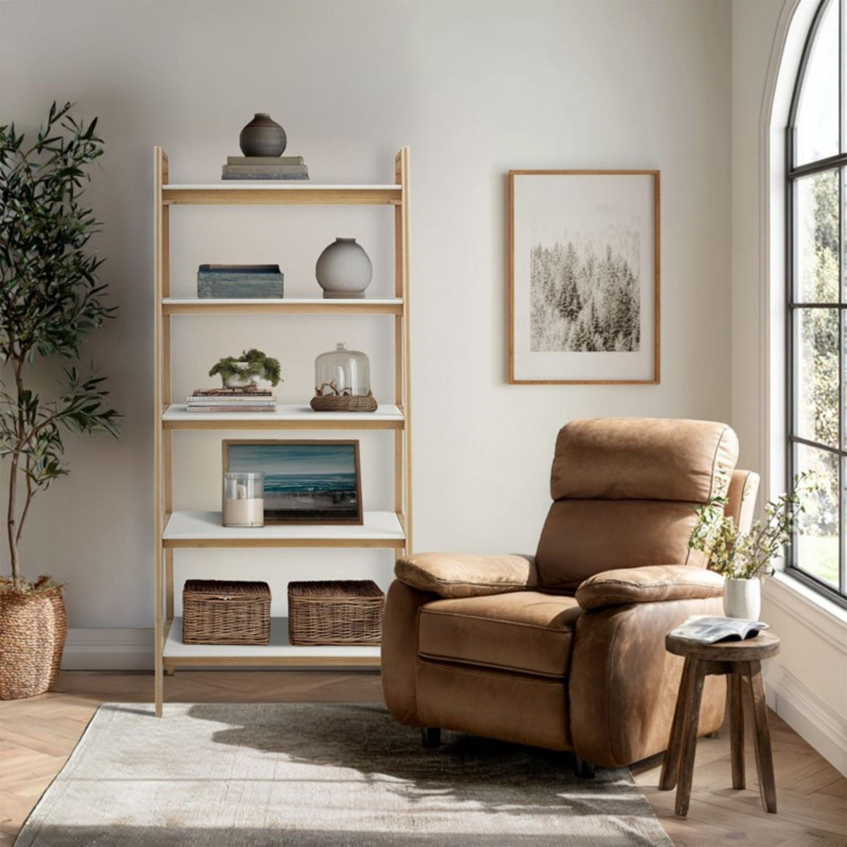 Off White & Natural Ladder Bookcase by HouseOfZazla, solid wood frame, 5 shelves on Tampa Home & Garden Store