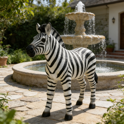 Simulated zebra garden statue by HouseOfZazla, black and white garden sculpture on Tampa Home & Garden Store