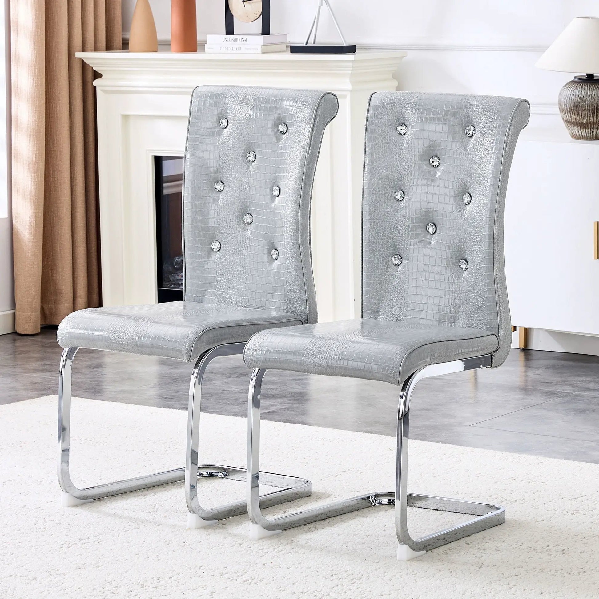 Elegant Upholstered Dining Chairs, pair in silver crocodile-textured fabric with crystal buttons on Tampa Home & Garden Store