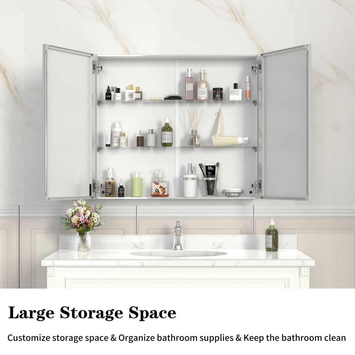 HouseOfZazla metal medicine cabinet with adjustable shelves and mirror, pearl silver finish on Tampa Home & Garden Store