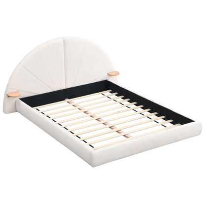 Queen arched upholstered bed in beige with small round side tables and visible slat support on Tampa Home & Garden Store