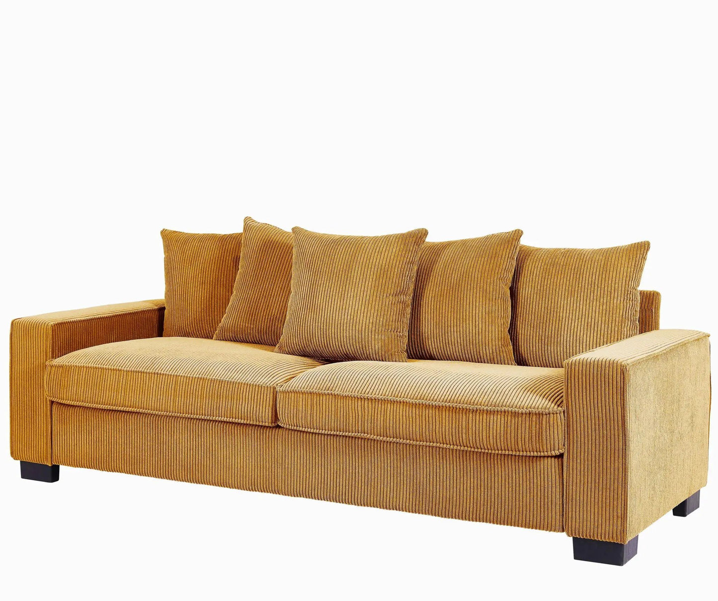 Luxe sofa 3-seater with 5 mustard corduroy toss pillows, stationary on Tampa Home & Garden Store