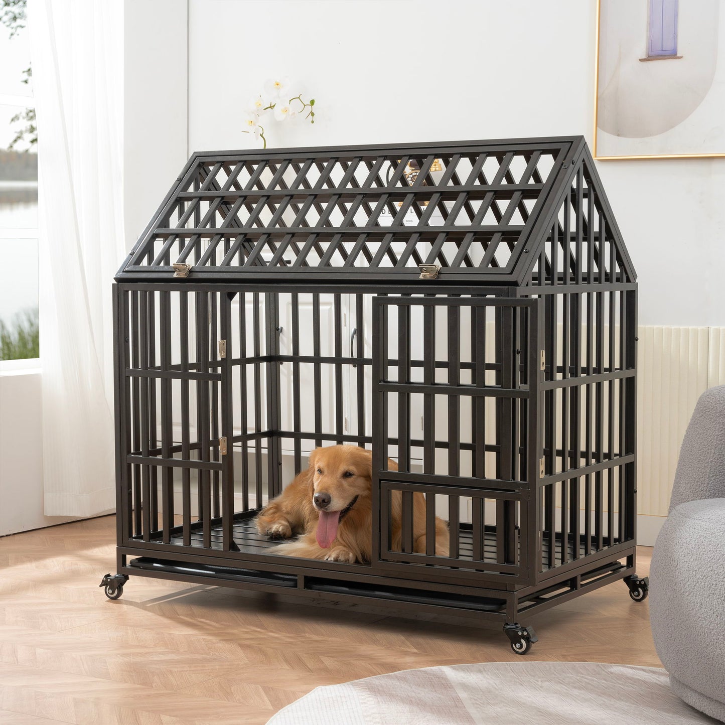 Heavy Duty Dog Crate Lockable Wheels by HouseOfZazla, black metal cage with dog inside on Tampa Home & Garden Store