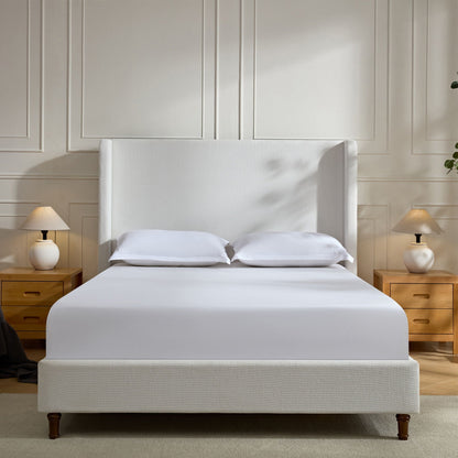 Harper tall upholstered bed with headboard in light gray fabric no box spring needed on Tampa Home & Garden Store