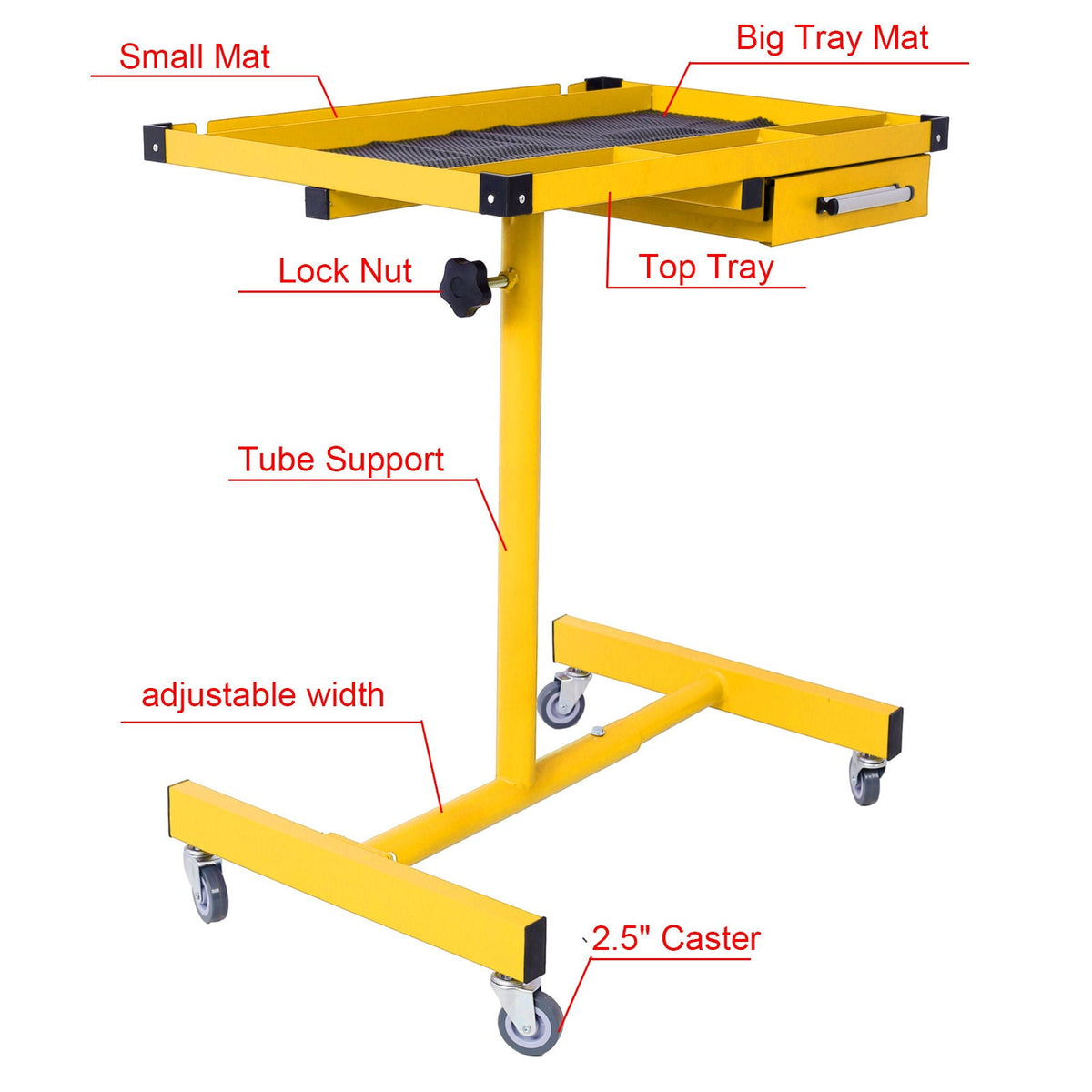HouseOfZazla adjustable tear-down work table with drawer, yellow powder-coated steel on casters on Tampa Home & Garden Store