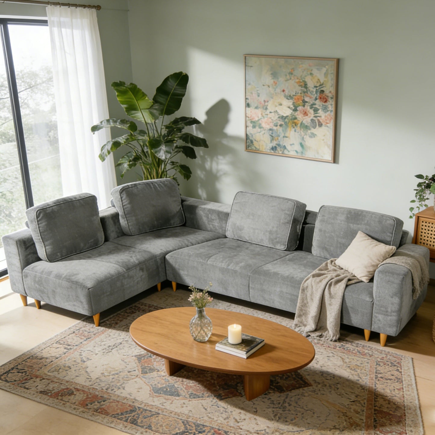 2-piece 109in Lshape convertible sectional sofa in gray fabric with cushions and wooden legs on Tampa Home & Garden Store