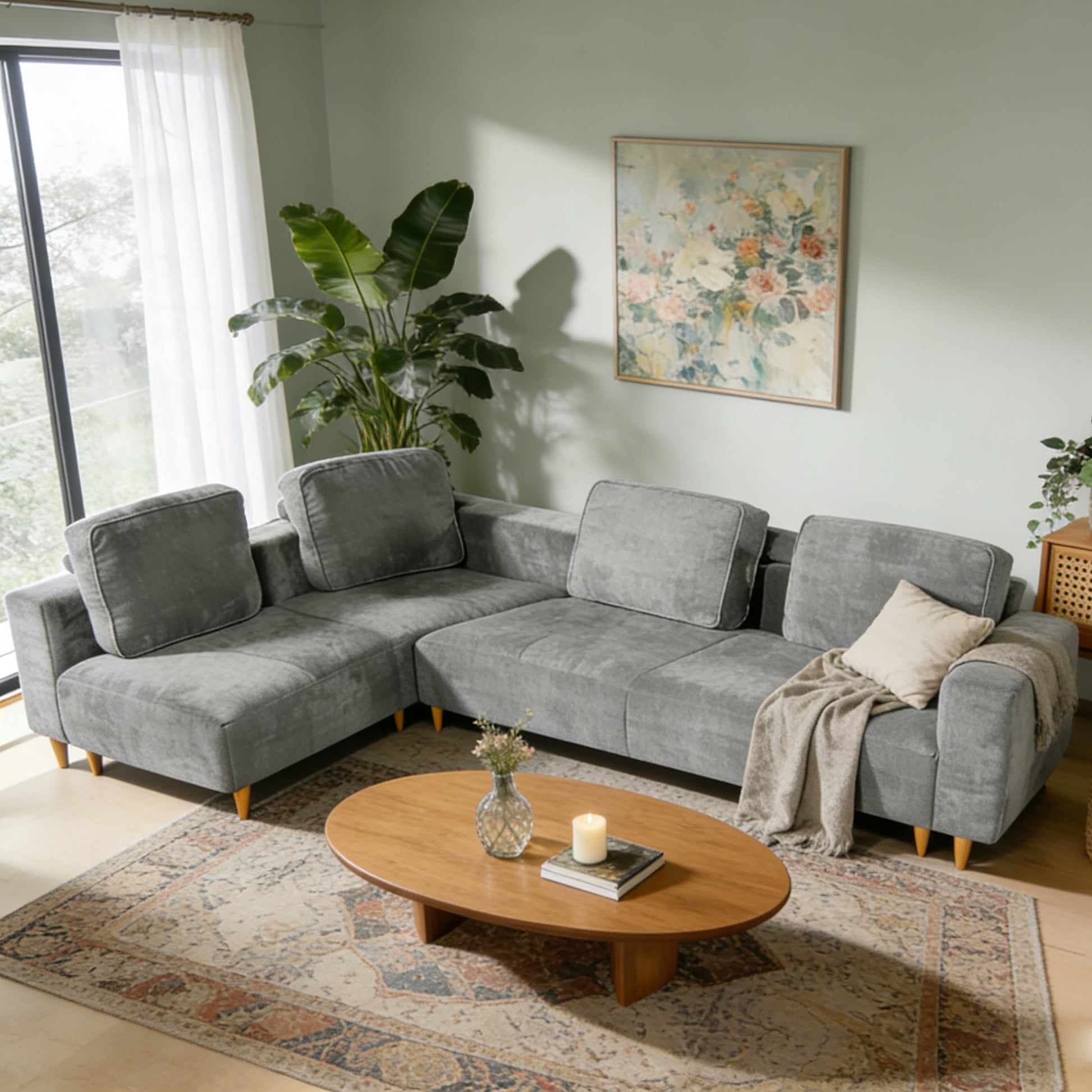 2-piece 109in Lshape convertible sectional sofa in gray fabric with cushions and wooden legs on Tampa Home & Garden Store