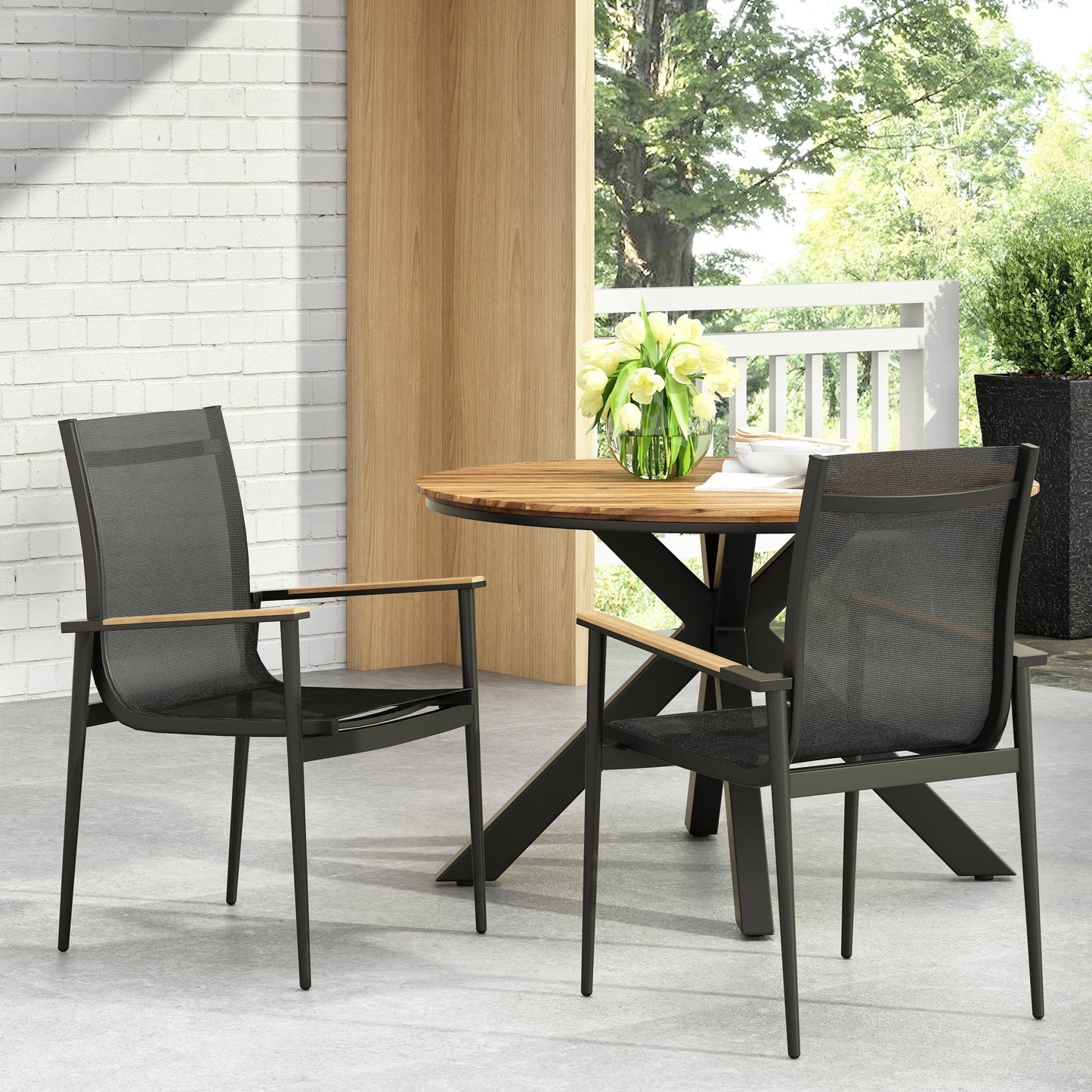 Barrister dining chairs set of 2, black metal frames with natural wood armrests, outdoor chairs on Tampa Home & Garden Store