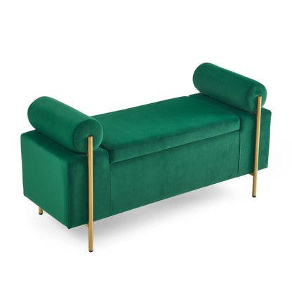 Elegant upholstered storage bench with cylindrical arms and gold legs on Tampa Home & Garden Store