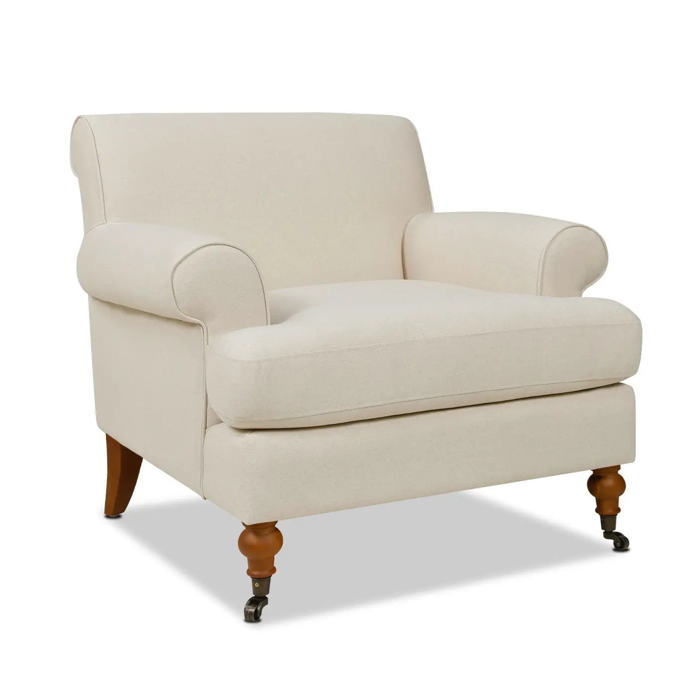 Alana Lawson Accent Arm Chair in cream fabric with caster wheels and wooden legs on Tampa Home & Garden Store