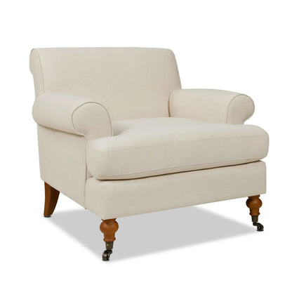 Alana Lawson Accent Arm Chair in cream fabric with caster wheels and wooden legs on Tampa Home & Garden Store