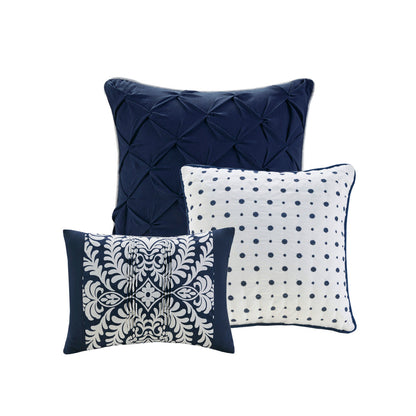 Indigo 7 Piece Cotton Printed Comforter Set King with 3 navy/white accent pillows on Tampa Home & Garden Store