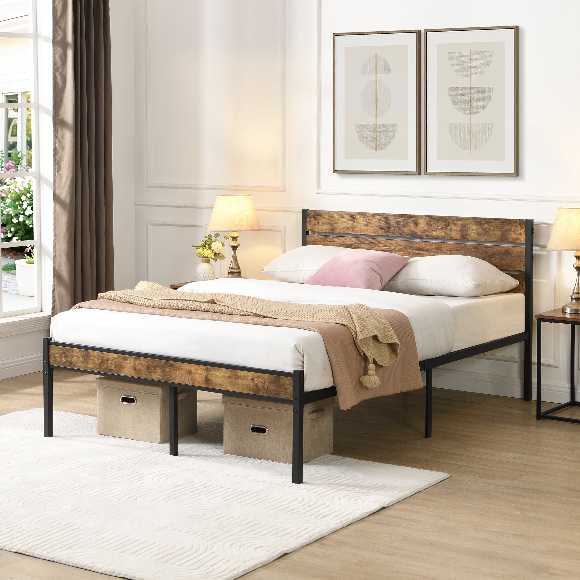 Two full-size bed frames with wood headboards and black metal bases with beige bedding and fabric storage on Tampa Home & Garden Store