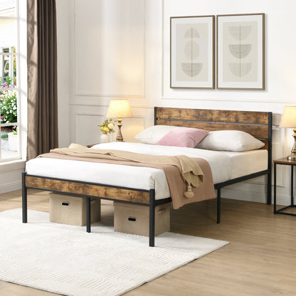 Two full-size bed frames with wood headboards and black metal bases with beige bedding and fabric storage on Tampa Home & Garden Store