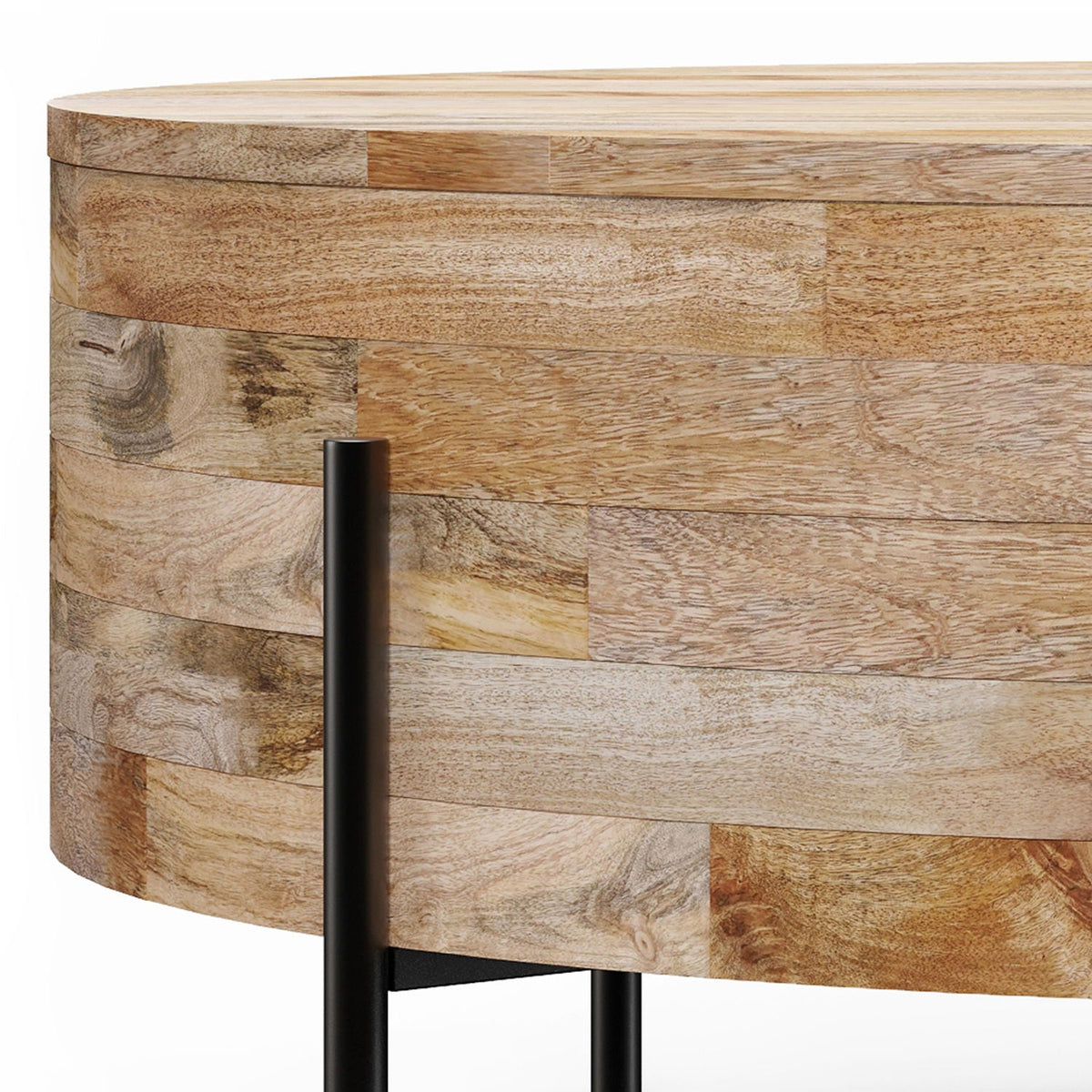Coffee table by HouseOfZazla, solid mango wood with curved layered planks, black metal legs on Tampa Home & Garden Store