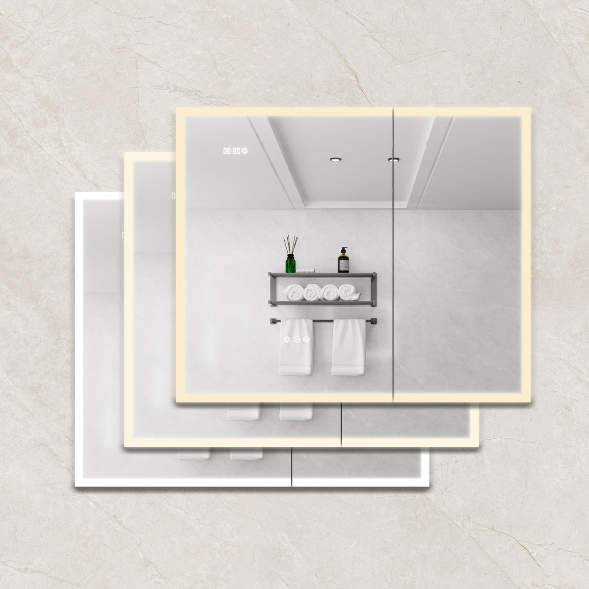 LED Medicine Cabinet Pearl Silver with defogger and digital display, mirrored double doors on Tampa Home & Garden Store