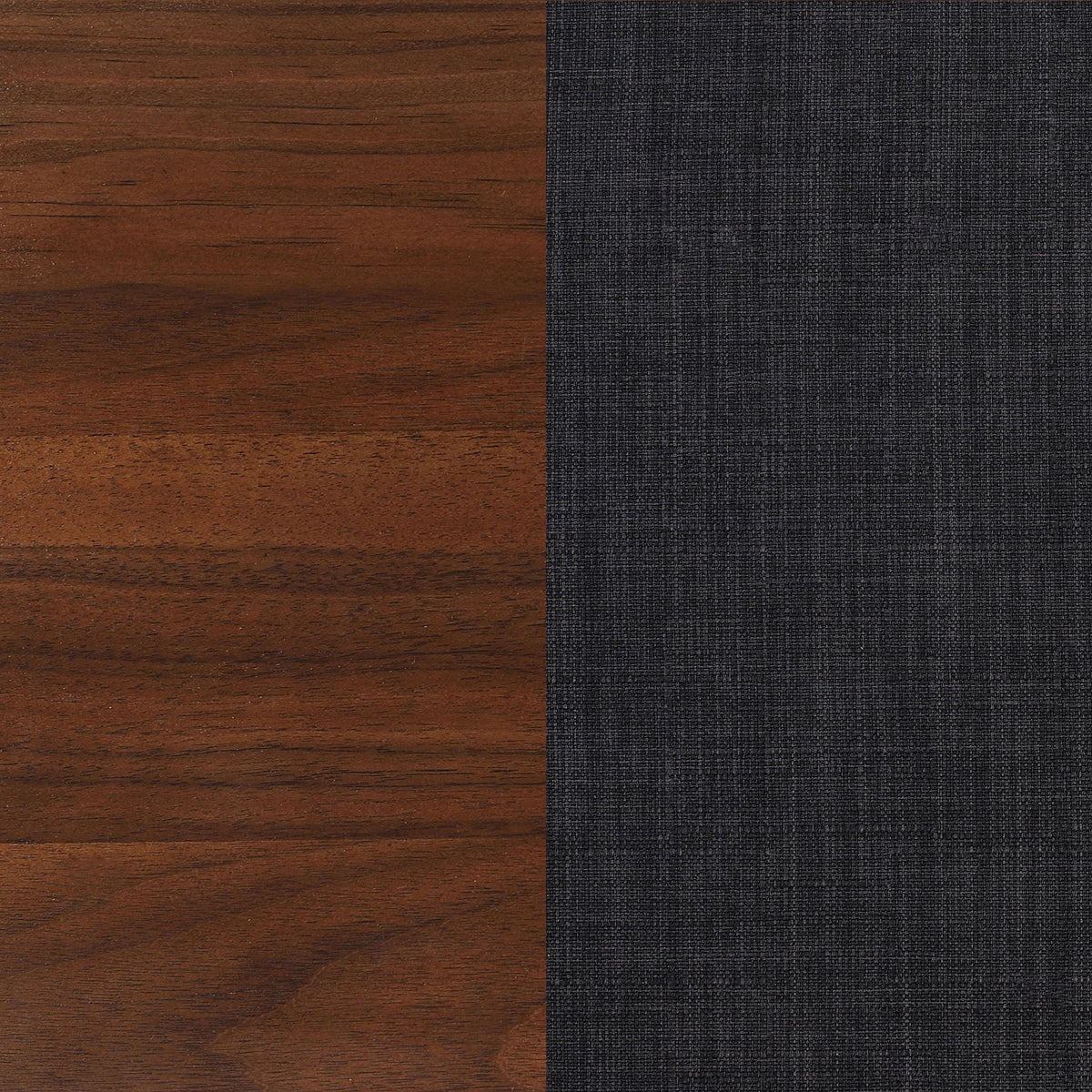 Platform bed swatches: brown wood grain left, charcoal fabric right for tufted upholstery on Tampa Home & Garden Store