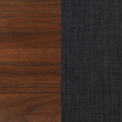 Platform bed swatches: brown wood grain left, charcoal fabric right for tufted upholstery on Tampa Home & Garden Store