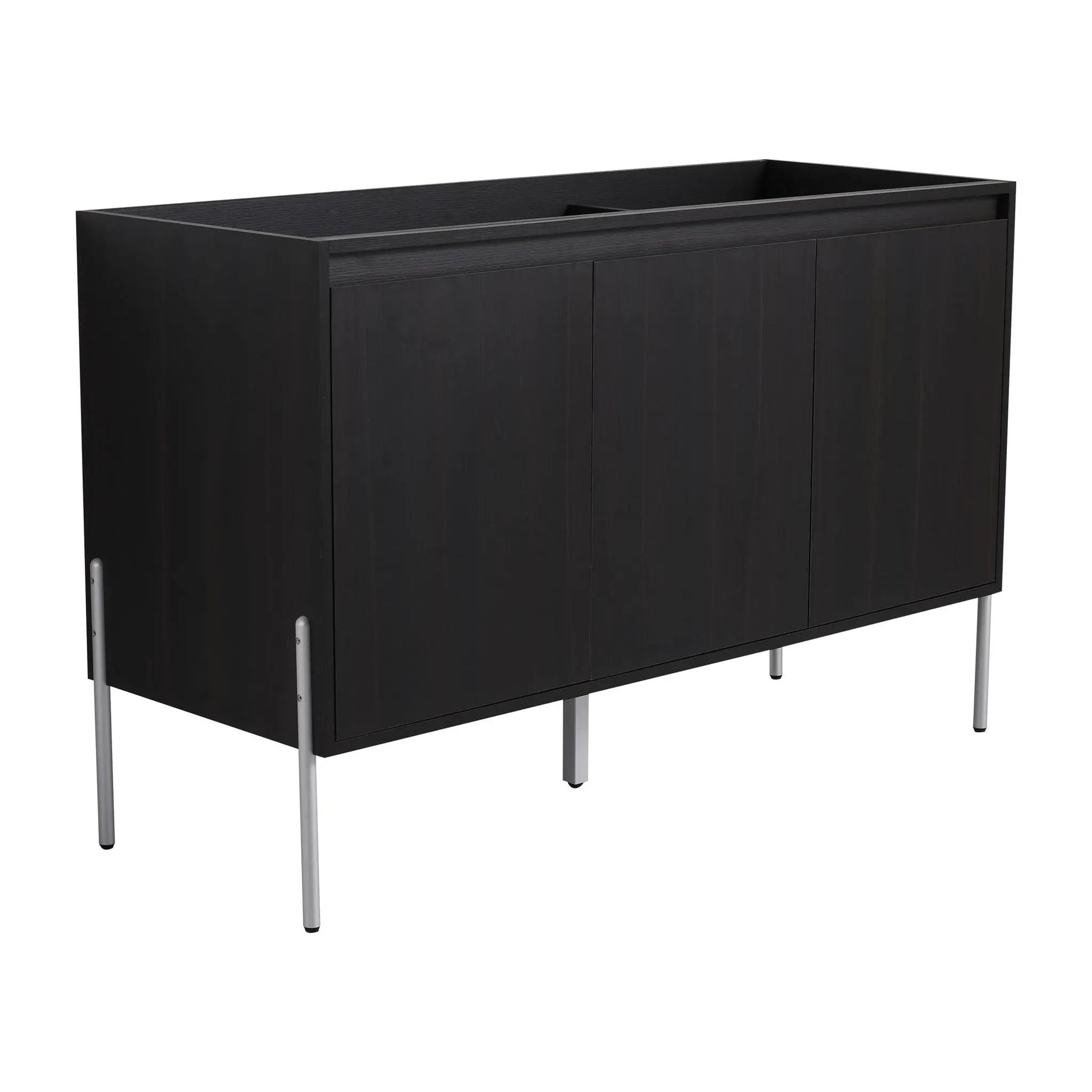 Freestanding bathroom vanity in dark wood with soft close cabinet doors and slim metal legs on Tampa Home & Garden Store