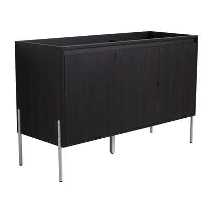 Freestanding bathroom vanity in dark wood with soft close cabinet doors and slim metal legs on Tampa Home & Garden Store