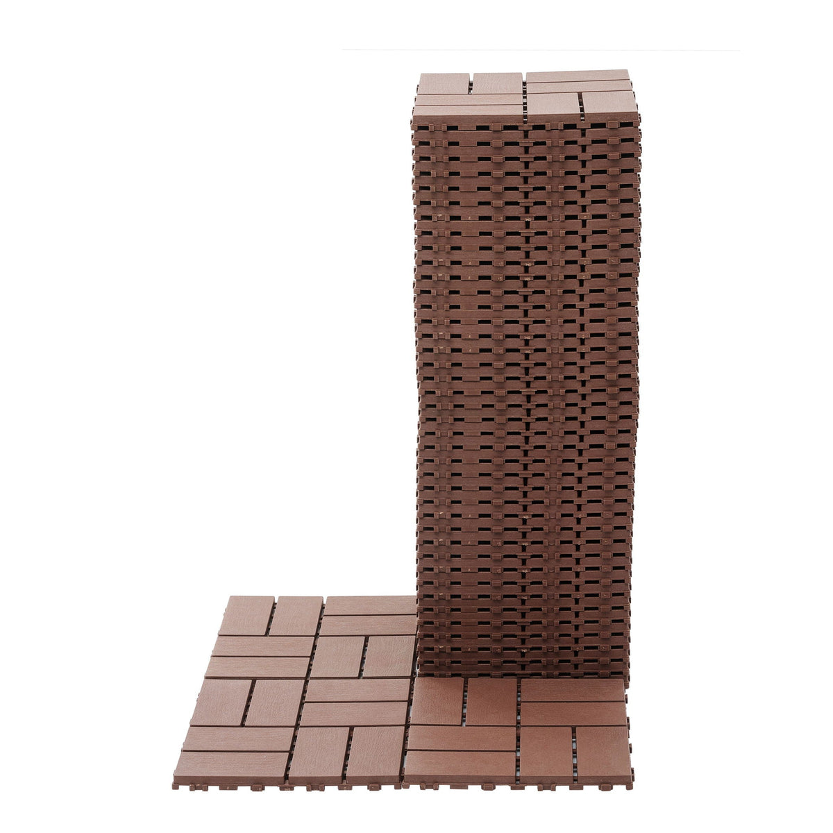 Interlocking deck tiles 44-pack in dark brown, stacked for outdoor patio flooring on Tampa Home & Garden Store