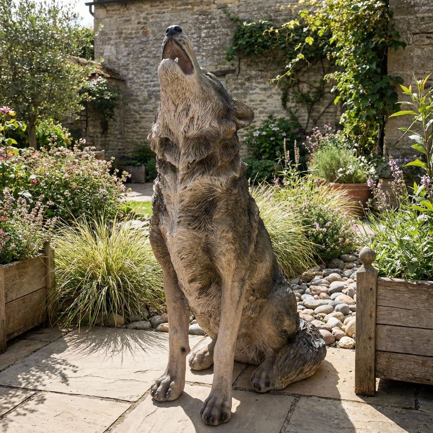 Simulated Howling Wolf Garden Statue by HouseOfZazla, stone-gray resin sculpture on Tampa Home & Garden Store