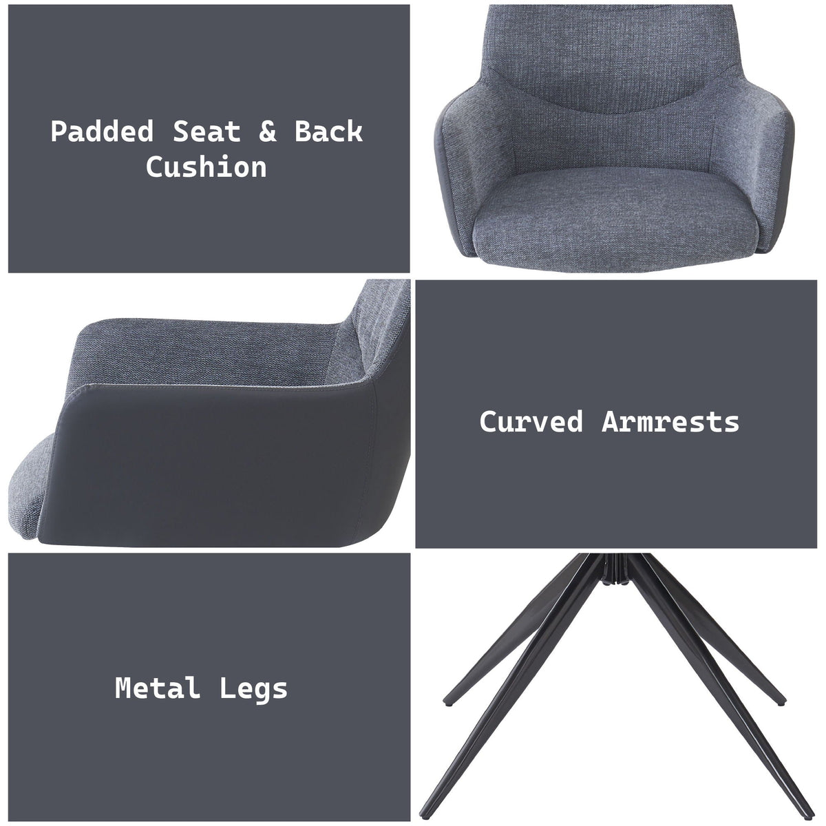 Gray arm chair set with padded cushions, curved armrests and metal legs on Tampa Home & Garden Store