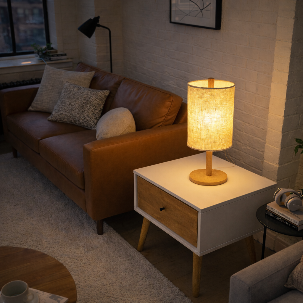 Modern Classic Desk Lamp by HouseOfZazla, table lamp with warm linen shade and wooden base on Tampa Home & Garden Store