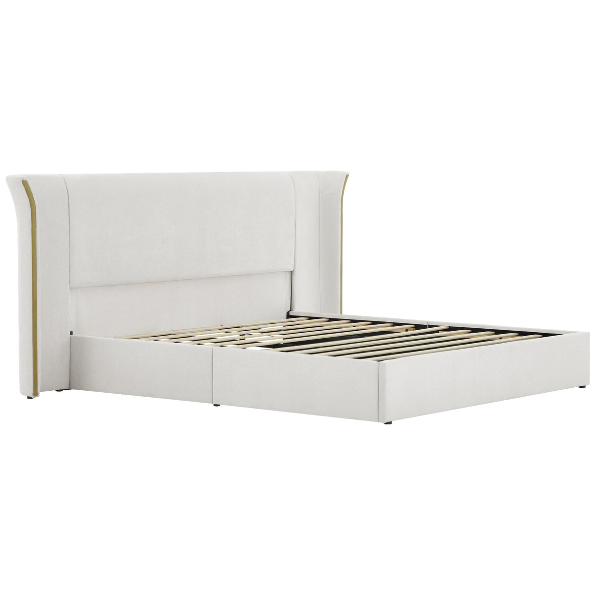 King size beige wing-back upholstered bed frame with padded headboard and gold trim on Tampa Home & Garden Store