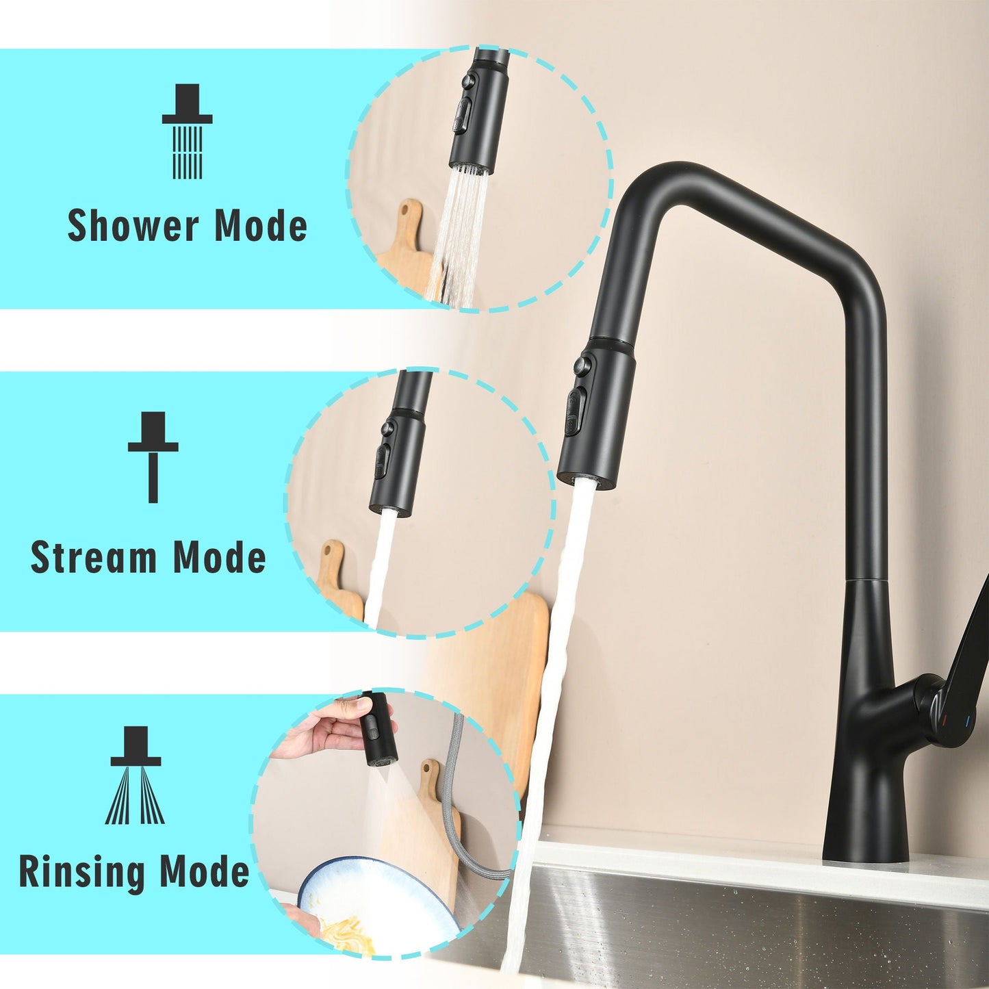 Kitchen Faucet with 3-function sprayer, 360° swivel, and one-touch switching in matte black on Tampa Home & Garden Store