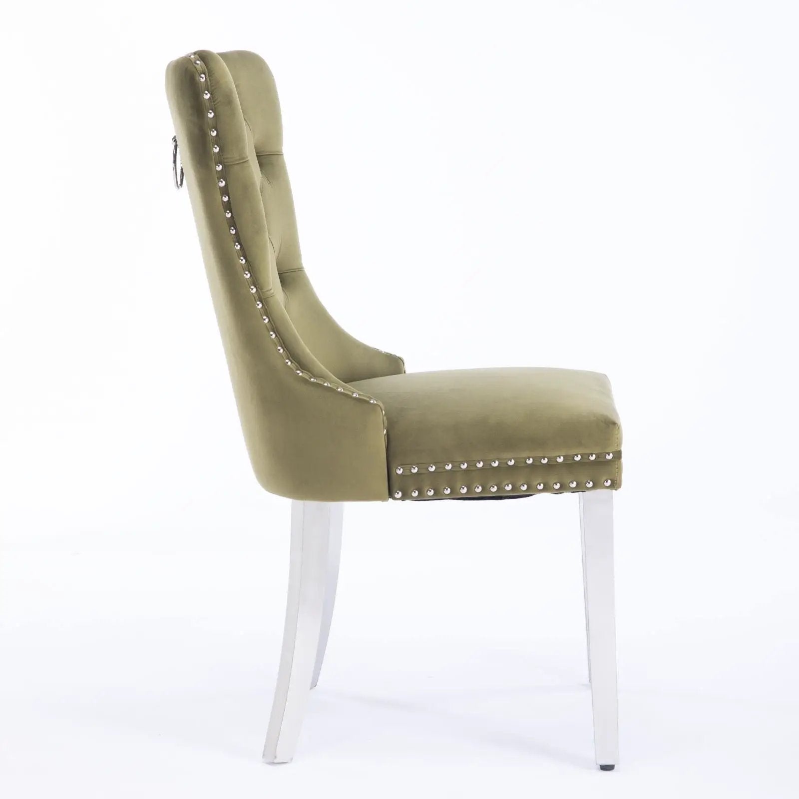 Nikki Contemporary Upholstered Dining Chair set of 2 olive nailhead trim silver legs on Tampa Home & Garden Store