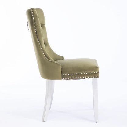 Nikki Contemporary Upholstered Dining Chair set of 2 olive nailhead trim silver legs on Tampa Home & Garden Store
