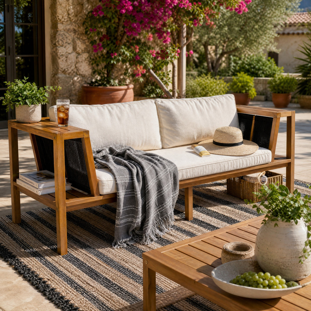 Teak Finish Acacia Wood Outdoor Daybed Sofa Set with beige cushions for patio seating on Tampa Home & Garden Store