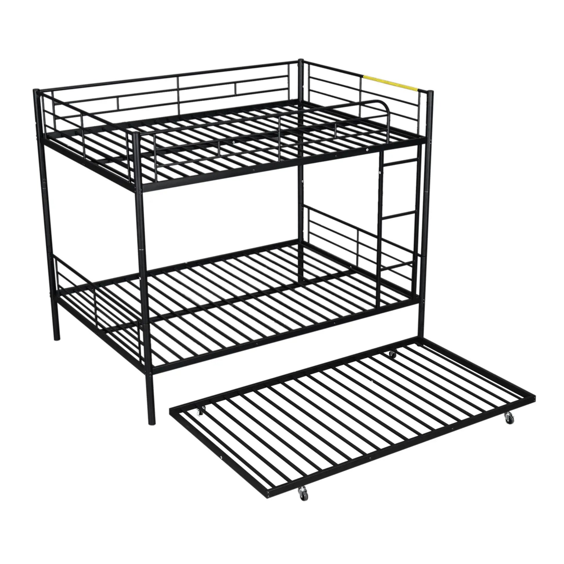 Black steel bunk bed frame with top guard rails and bottom slats by Unique Piece Furniture on Tampa Home & Garden Store