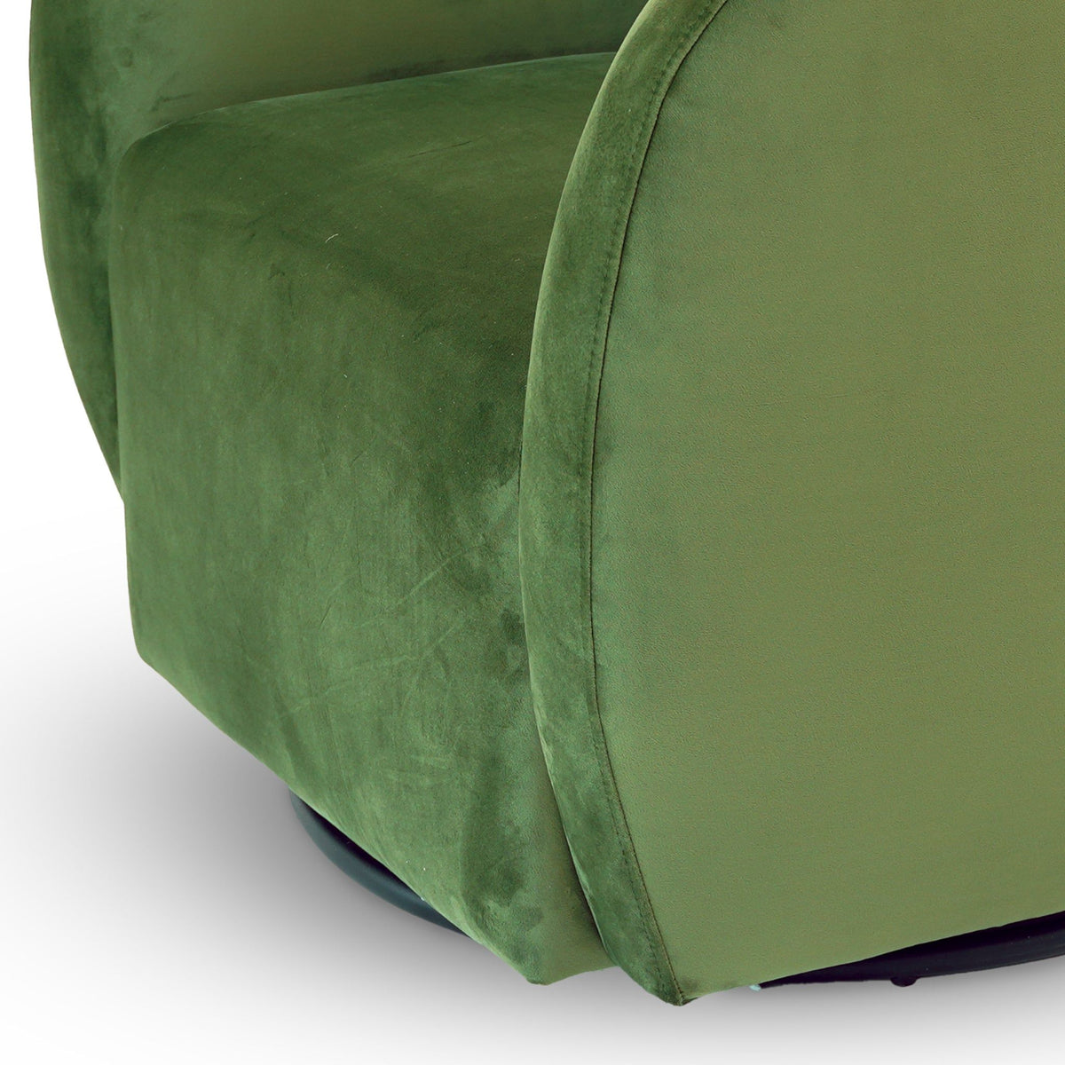 Green velvet swivel chair with 360° rotation, close-up of plush upholstery texture, armchair on Tampa Home & Garden Store