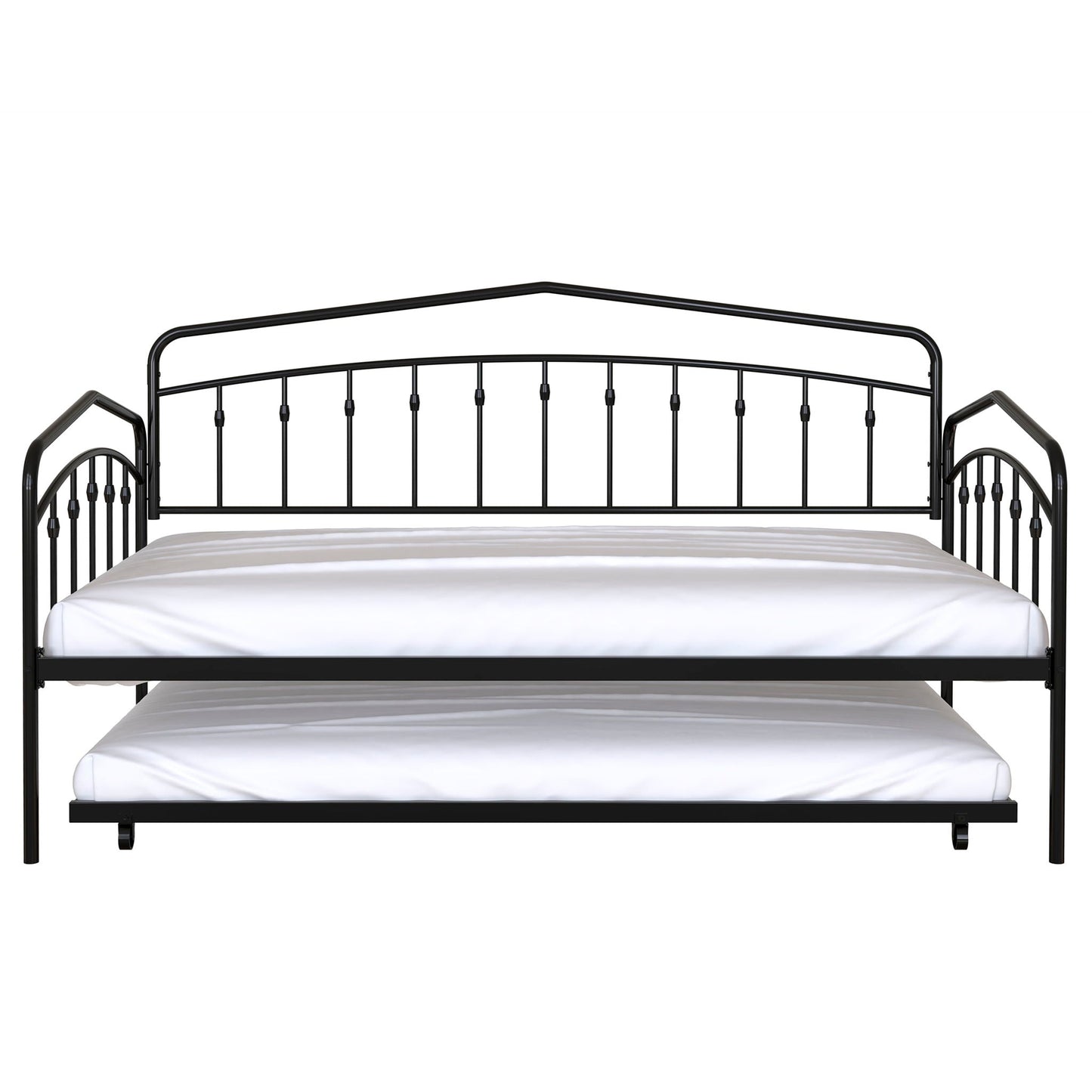 Fox daybed with twin trundle in black metal frame, two white mattresses visible on Tampa Home & Garden Store