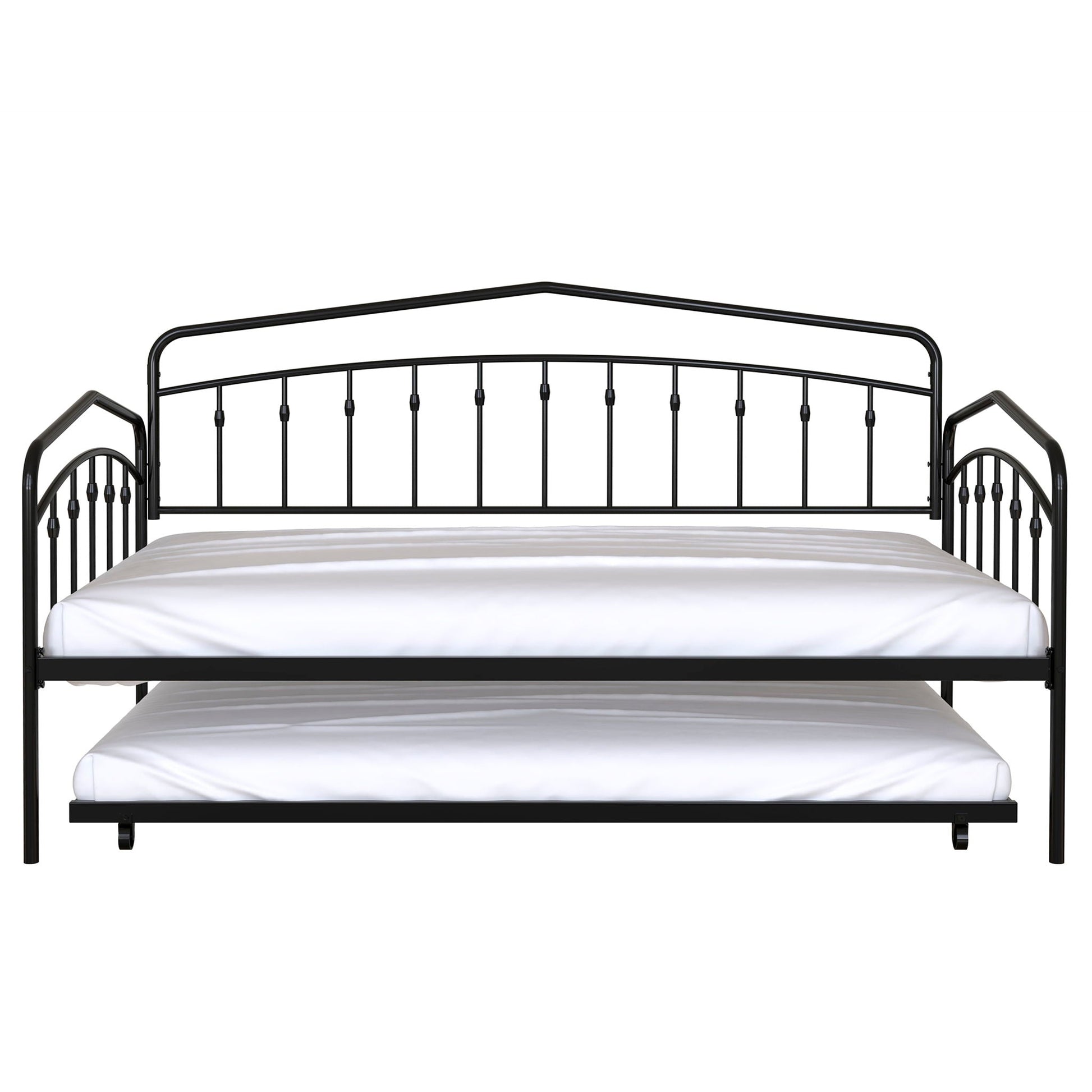 Fox daybed with twin trundle in black metal frame, two white mattresses visible on Tampa Home & Garden Store