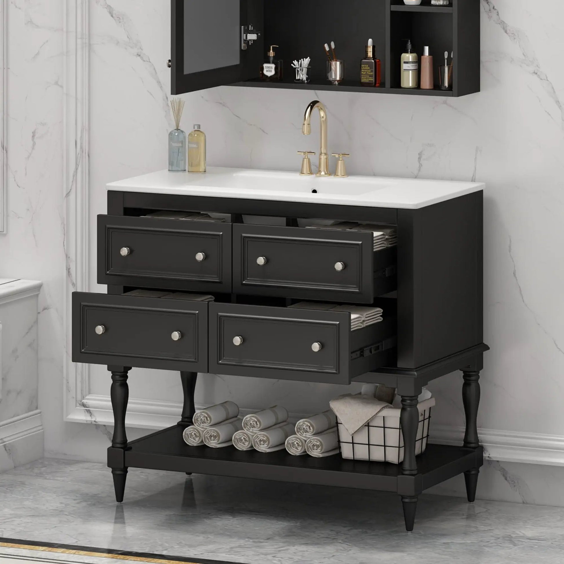 Bathroom Vanity with Undermount Sink, black wood, 4-drawer, brass faucet, Unique Piece Furniture on Tampa Home & Garden Store