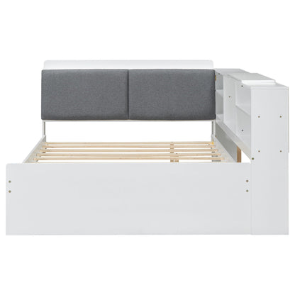 White platform bed frame with gray upholstered headboard and side storage on Tampa Home & Garden Store