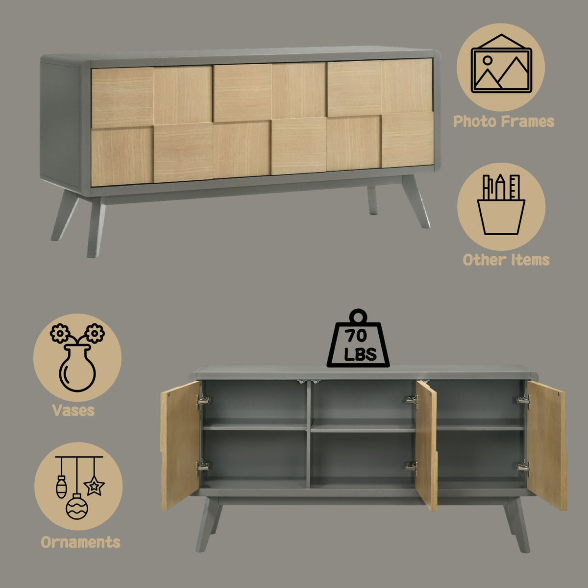 Blayde Server with Ample Storage in gray frame and natural wood panel fronts by HouseOfZazla on Tampa Home & Garden Store