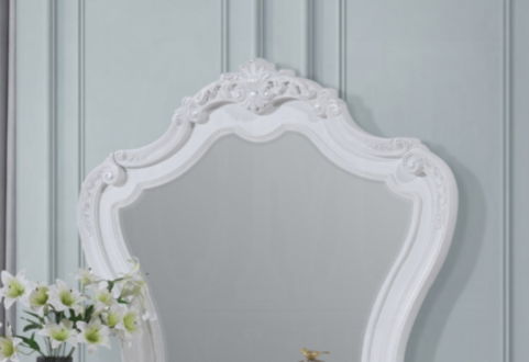 Latisha Mirror in White with Wood Frame, ornate carved edges and decorative top on Tampa Home & Garden Store