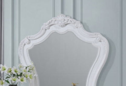 Latisha Mirror in White with Wood Frame, ornate carved edges and decorative top on Tampa Home & Garden Store