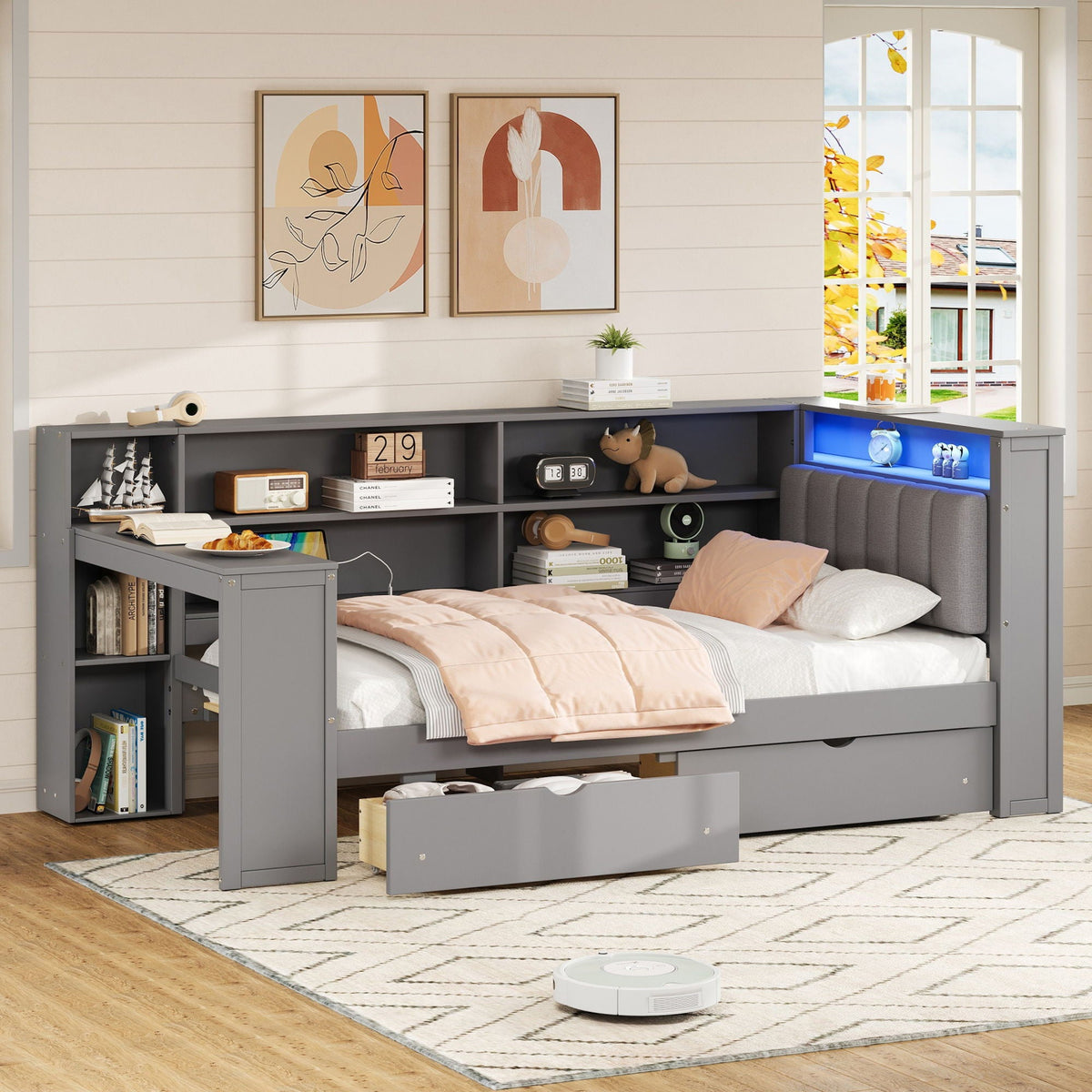 Platform storage bed with built-in desk, gray finish, drawers and open shelves on Tampa Home & Garden Store