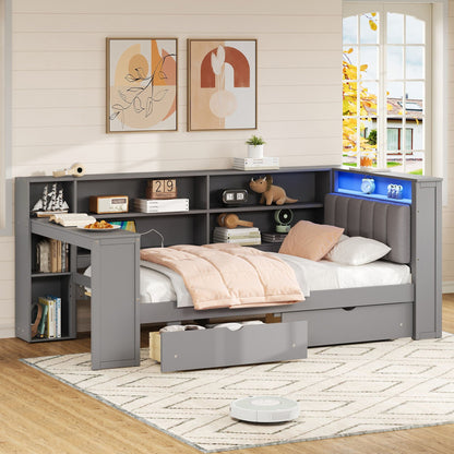 Platform storage bed with built-in desk, gray finish, drawers and open shelves on Tampa Home & Garden Store
