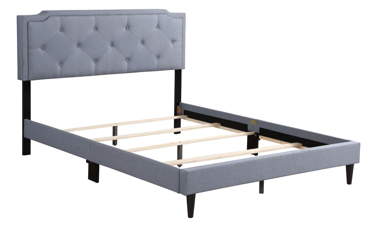 Button tufted bed in gray fabric with tufted headboard, black tapered legs and slat frame on Tampa Home & Garden Store